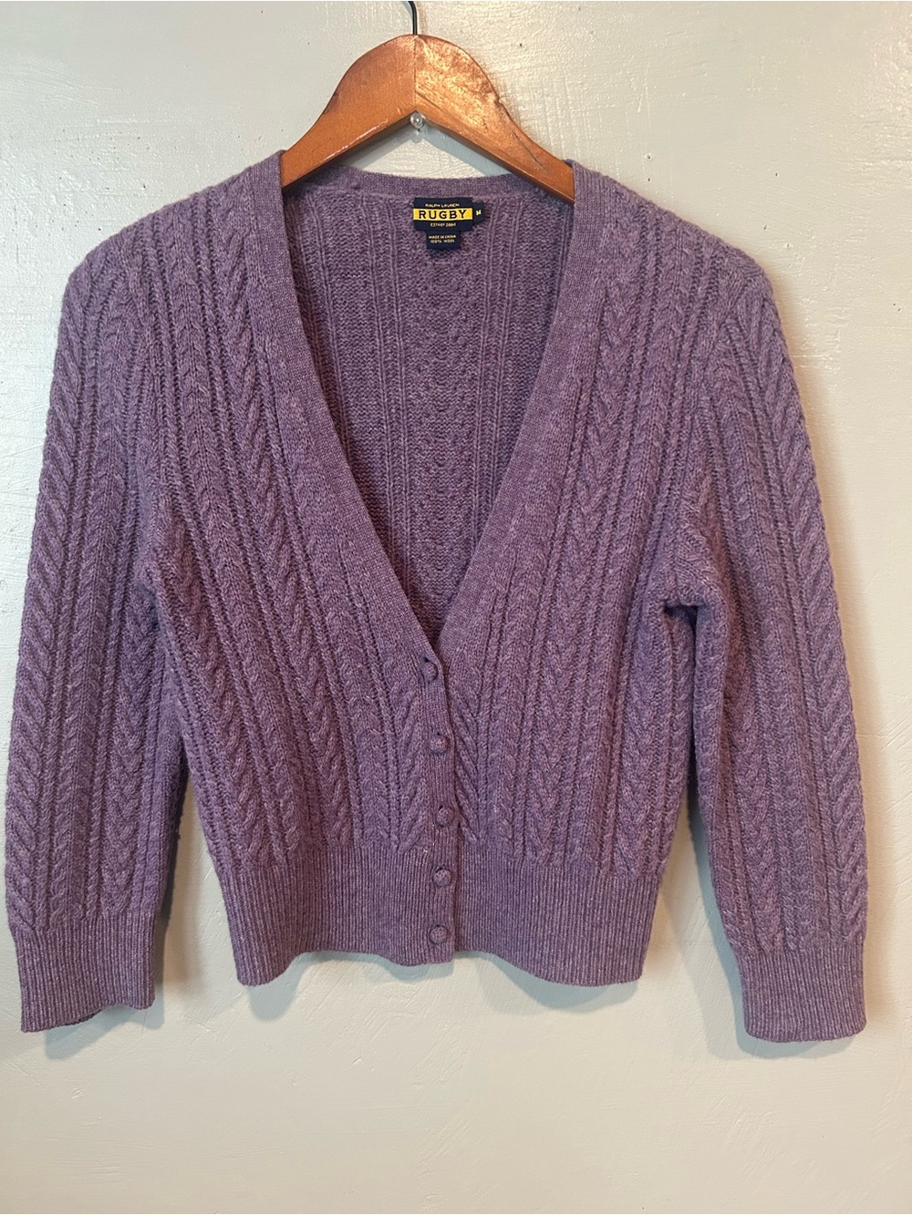 Ralph Lauren Lavender Cable-Knit V-Neck Button Cardigan 100% Wool